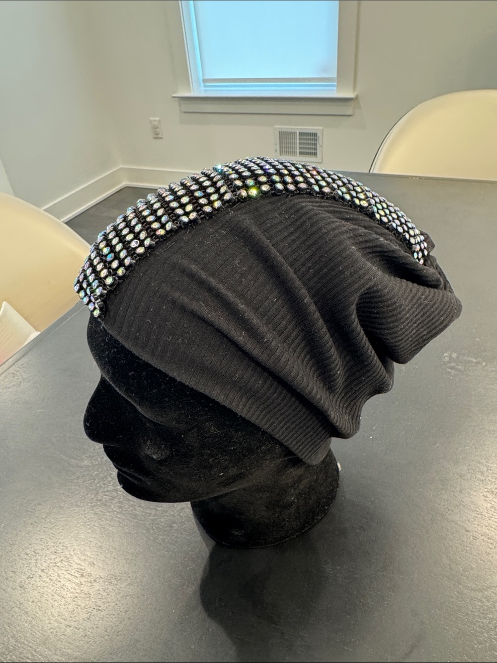 Black Beanie with Iridescent Crystal Band - Mens Accessory